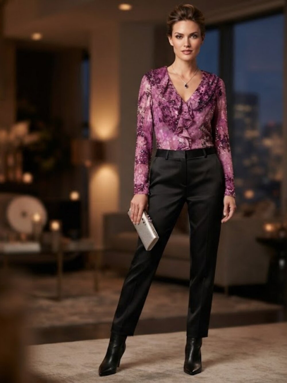 EUC Alex Evenings Silk Blend Purple Floral Sequin Ruffle Blouse Fits like L / XL